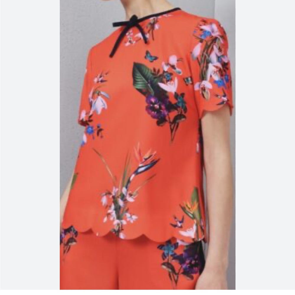 Ted Baker Floral birds Print Orange scalloped edge Top women’s size 2